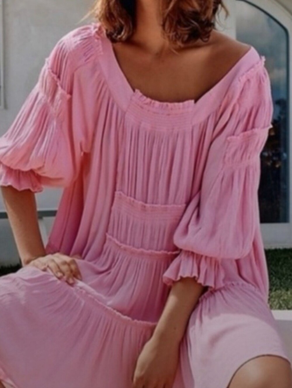 FREE PEOPLE Pink Boho Peasant FESTIVAL Dress with Pockets - Medium